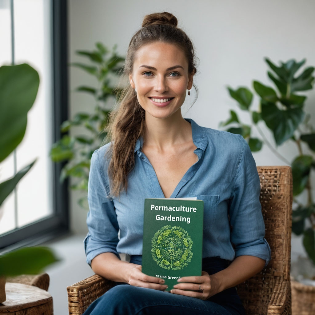 Jessica Greenfield holds the book Permaculture Gardening